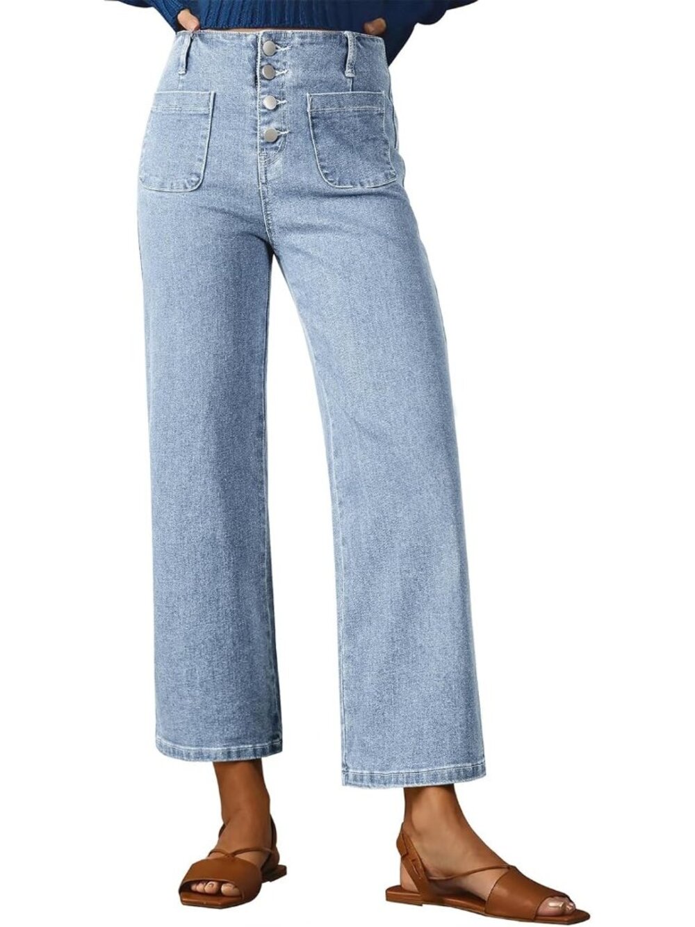Women's Sky Blue High Waisted Jeans Stretchy Denim Pant Casual Wide Leg Jeans